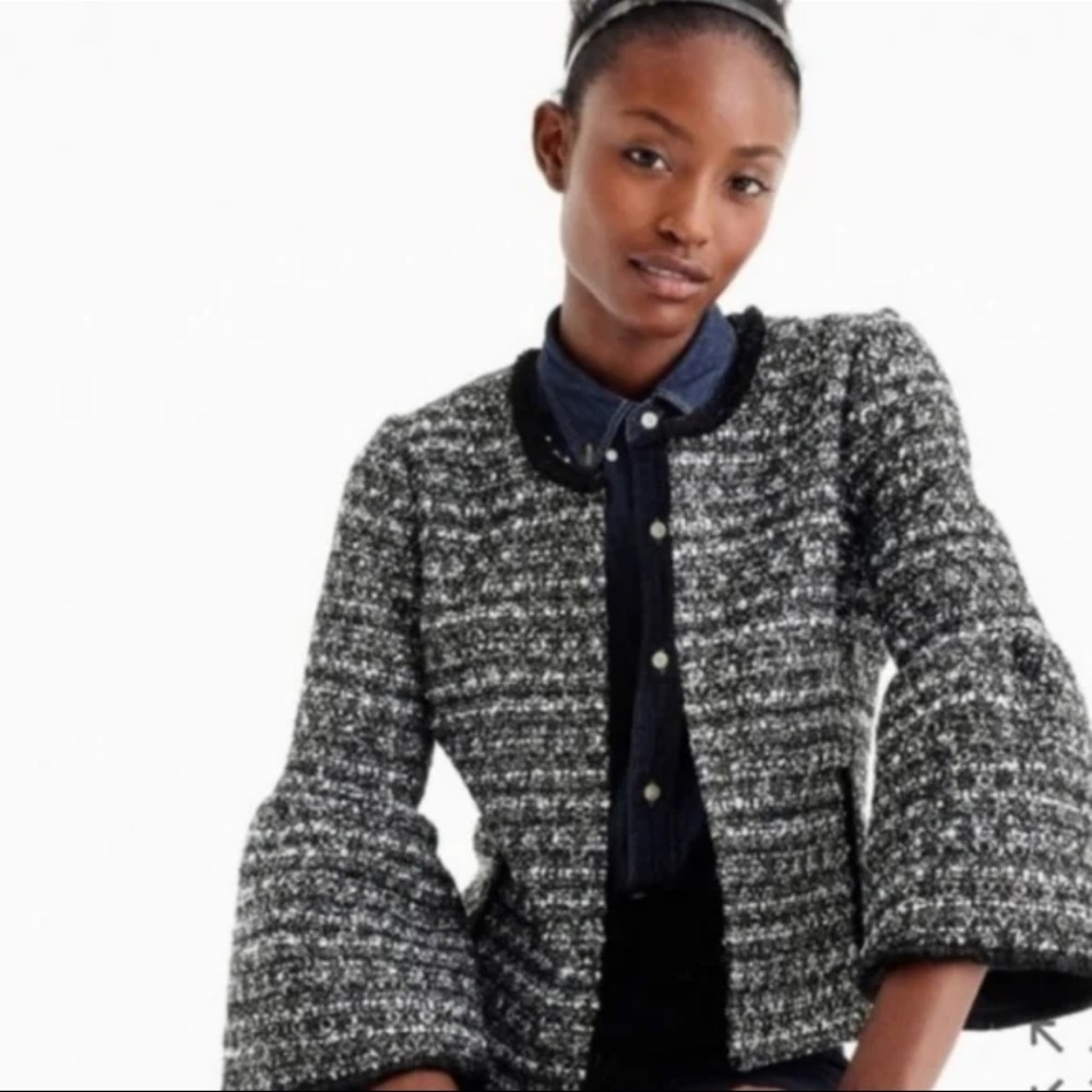 J.CREW ✘ Bell-Sleeve Lady Jacket Metallic Tweed Black White Textured Zip Front 8